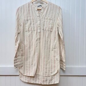 Merona Tunic Granola Girl Hippie Boho Striped Rainbow Cotton‎ Tan Pocket Buttons